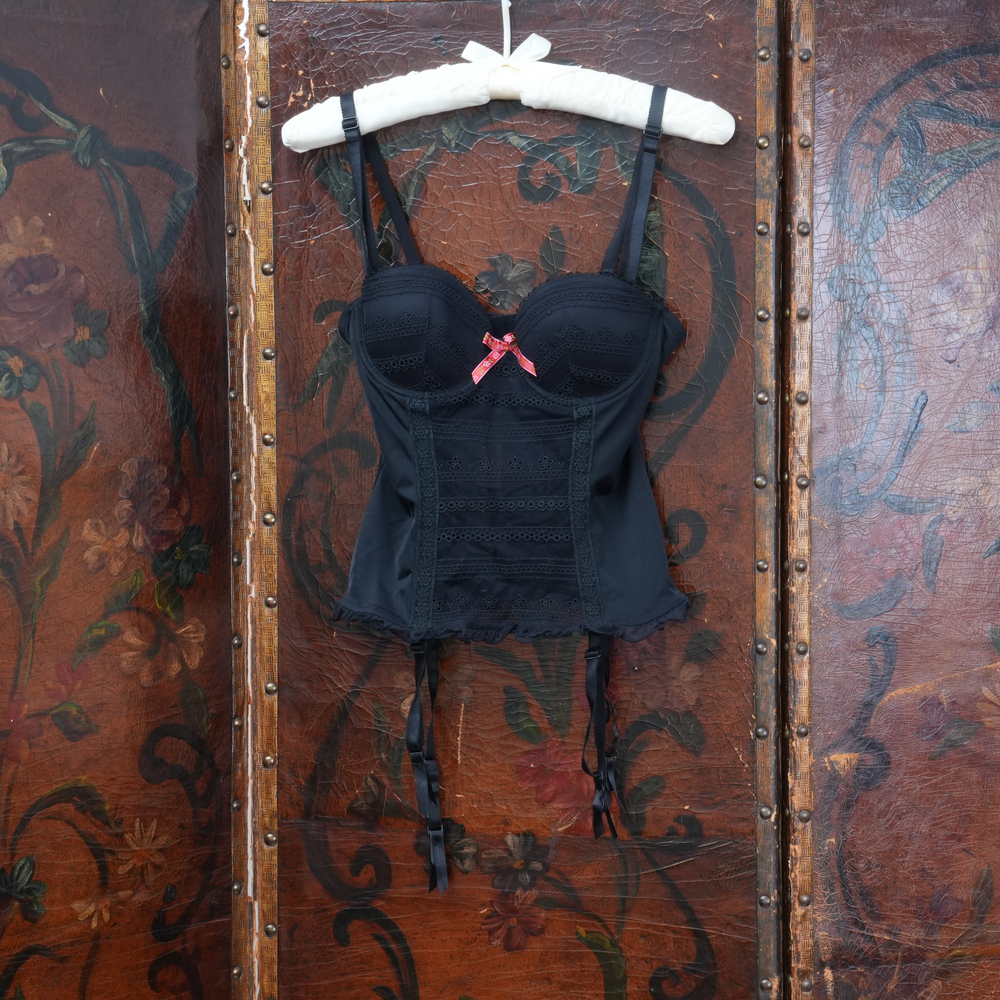 Black Lace Corset Pink Bow Bustier Lingerie Size 32B